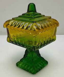 Vintage Emerald Green And Amber Jeannette Glass Wedding Box CandyGarnish Dish With Lid 4 x 4 x 6