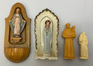 Group Of Miniature Plastic And Wood Religious Pieces Largest Is 6