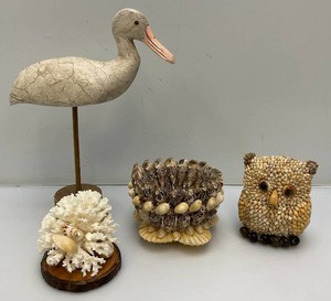 Unique Seashell Items Including Owl 5.5 Tall, Wooden Hand Carved Seagull And More