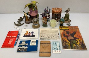 Misc. Vintage Collectibles Including Harry Potter, Custard Glass Two Handled Cup 2 12 x 4 (Glows Under UV Light), Whimsical Collectibles And More (Some Items Have Small Chips Present)