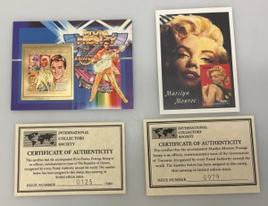 International Collectors Society ELVIS 01253000 And Marilyn Monroe 09793000 Limited Edition Collectors Stamps With COA