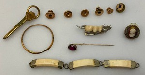 Precious Metal Lot includes Gold Plated Items, Denture Piece, Gold Filled Victorian Hat Pin With Ruby And More