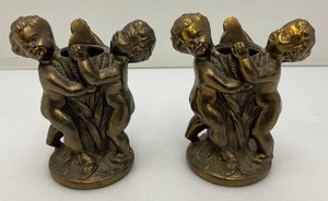 Vintage Mid-Century Heavy Brass Cherub Candle Holders 4 34