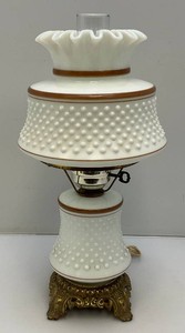 Vintage White Hobnail Brown Trim Milk Gas Hurricane Lamp With Duel Light Up Top And Bottom 20