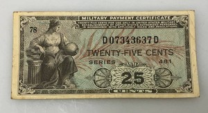 Vintage U.S. MPC Series 481 Military Payment Certificate 25 Cents Nice Condition