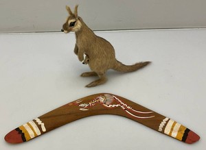 Misc. Australian Collectibles Including Miniature Fur Covered Kangaroo With Baby 6 And Wooden Boomerang