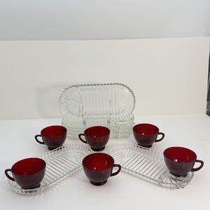 Vintage Anchor Hocking 12-Piece Serva-Snack Set - 6 Clear Ribbed Luncheon Trays &amp 6 Royal Ruby Red Cups
