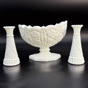 Vintage 3-Pc Milk Glass Console Set Kemple Toltec Pedestal Bowl &amp Anchor Hocking Vases