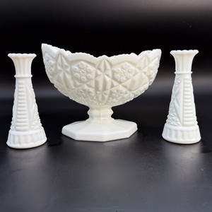 Vintage 3-Pc Milk Glass Console Set Kemple Toltec Pedestal Bowl &amp Anchor Hocking Vases