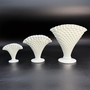 Vintage Fenton White Milk Glass Hobnail Fan Vases - Complete Set of 3 Sizes