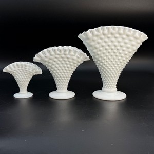 Vintage Fenton White Milk Glass Hobnail Fan Vases - Complete Set of 3 Sizes