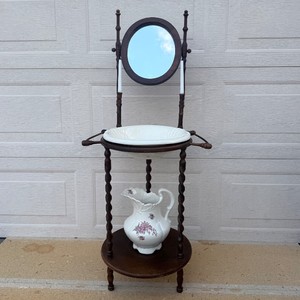 Vintage Victorian-Style Wrought-Twist Wood Washstand  Complete with Oval Swivel Mirror, Dual Towel Bars, Candle Platforms, and Coordinating Floral Ceramic Pitcher &amp Wash Basin Set