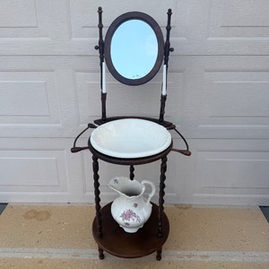 Vintage Victorian-Style Wrought-Twist Wood Washstand  Complete with Oval Swivel Mirror, Dual Towel Bars, Candle Platforms, and Coordinating Floral Ceramic Pitcher &amp Wash Basin Set