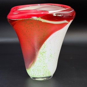 Vintage Murano Style Sommerso Art Glass Vase - Red, White &amp Green Flared Sculptural Vessel (8.25 H)