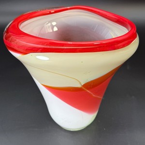 Vintage Murano Style Sommerso Art Glass Vase - Red, White &amp Green Flared Sculptural Vessel (8.25 H)