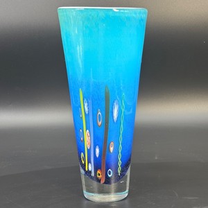 Vintage Murano Style Cased Blue Millefiori Art Glass Tapered Vase 11.5