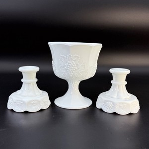 Vintage Milk Glass Console Set  Indiana Glass Harvest Grape Compote and Candlestick Holders  3 Piece Mid Century Centerpiece