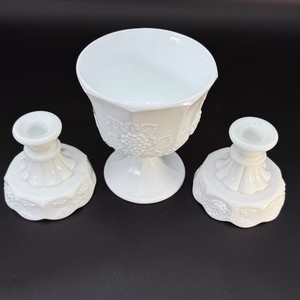 Vintage Milk Glass Console Set  Indiana Glass Harvest Grape Compote and Candlestick Holders  3 Piece Mid Century Centerpiece