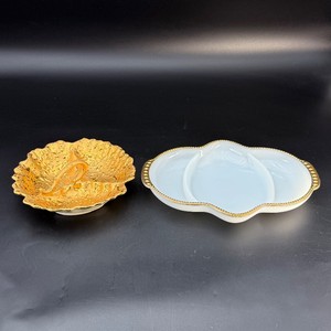 Vintage Mid-Century Gold Serving Lot 22K Weeping Gold &amp Fire-King Milk Glass Divided Dish