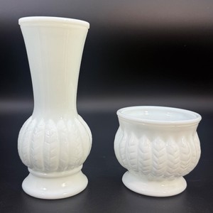 Vintage Randall Milk Glass Set Bud Vase &amp Footed Planter Bowl Feather Wheat Leaf MCM