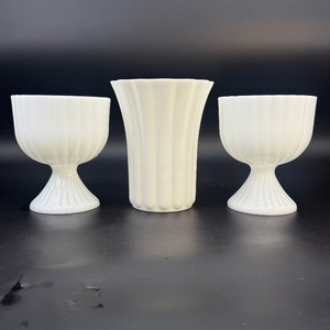 Vintage E.O. Brody Mid-Century Fluted Milk Glass 3-Piece Set - Centerpiece Vase &amp Matching Pedestal Goblets