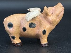 Vintage Cast Iron Flying Pig Figurine - 5 Whimsical Winged Pig Paperweight  Doorstop
