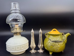 Lot of 3 Vintage Collectibles White Milk Glass Oil Lamp, Art Deco Silver-Plated Shakers, and Retro 1970s Japanese Ceramic Teapot