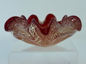 Vintage Murano Art Glass Ruffled Bowl  Red &amp Gold Aventurine Mid-Century Italian Glass