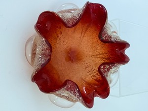 Vintage Murano Art Glass Ruffled Bowl  Red &amp Gold Aventurine Mid-Century Italian Glass