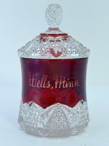 Antique EAPG Button Arches Ruby Flashed Lidded Sugar Bowl Souvenir Wells Minn c1897