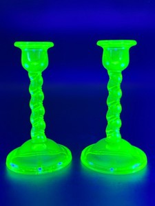 Pair of Vintage 1920s Tiffin Uranium Vaseline Glass 7.5 Spiral Twist Candlesticks