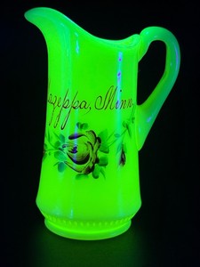 Antique EAPG Custard Uranium Glass Souvenir Pitcher  Mazeppa, Minn.  Hand-Painted Roses