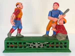 Vintage Hometown Battery Cast Iron Mechanical Baseball Bank