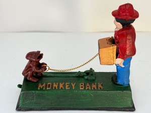 Vintage Cast Iron Monkey Bank  Mechanical Organ Grinder Coin Bank