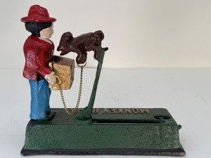 Vintage Cast Iron Monkey Bank  Mechanical Organ Grinder Coin Bank