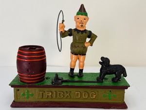 Vintage Trick Dog Cast Iron Mechanical Coin Bank  Circus Clown Motif