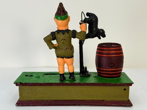 Vintage Trick Dog Cast Iron Mechanical Coin Bank  Circus Clown Motif