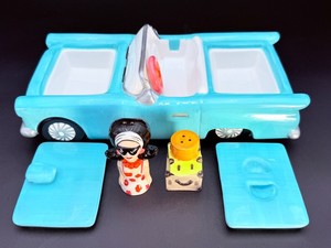 Vintage Ceramic Blue Thunderbird Convertible Cruising Condiment Set  Salt &amp Pepper Shakers with Lidded Dishes  1950s Style Retro Tableware
