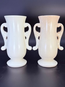 Pair of Vintage Red Wing Art Pottery Vases 1351  Mid-Century Modern Double Handled Urns with Green Glaze Interior