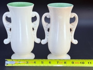 Pair of Vintage Red Wing Art Pottery Vases 1351  Mid-Century Modern Double Handled Urns with Green Glaze Interior