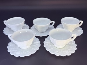 Vintage Westmoreland Glass White Milk Glass Paneled Grape Cups &amp Saucers - Set of 5 (Authentic WG Mark)
