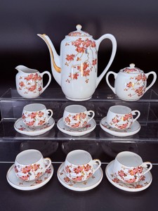 Vintage Koshida Japan Hand-Painted Porcelain Demitasse Coffee &amp Tea Service  Cherry Blossom &amp Gilt Pattern  15-Piece Set
