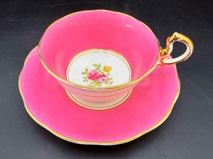 Vintage Royal Albert Mayfair Crown China Teacup and Saucer Set Hot Pink and Gold 1920s 1930s
