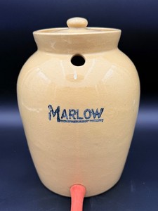 Vintage 1940s Marlow Stoneware Pottery Water Cooler Crock with Lid &amp Custom Handle