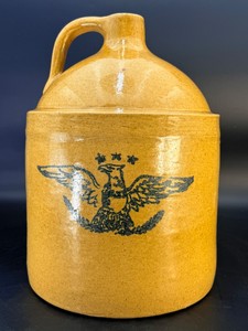 Vintage 1970s Mustard Glazed Stoneware Jug with Stenciled American Eagle - Americana Decor