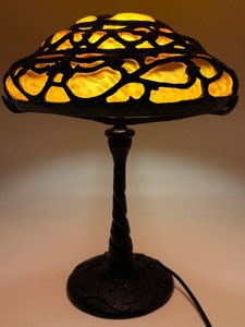 Vintage Art Nouveau Tiffany-Style Slump Glass Dragonfly Accent Lamp  3D Metal Filigree Overlay Amber Table Light with Compass Rose Finial Crown