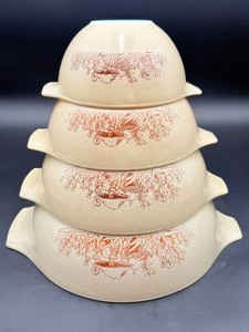 RARE &amp HIGHLY SOUGHT AFTER Vintage 4-Pc Pyrex Forest Fancies Mushroom Cinderella Nesting Bowl Set (441-444) - Desirable Collectible