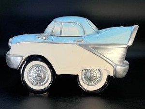 Vintage 1993 Macys Exclusive Ceramic Classic Car Cookie Jar  Light Blue &amp Cream 1950s Hot Rod with Tail Fins
