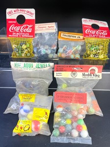 Lot of 8 Vintage Marble Bags - Coca-Cola Promo, Marble King with Shooters, Vitro