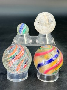Lot of 4 Antique German Glass Marbles - Rare Sulphide (Hidden Figurine), Latticinio, Massive nearly 2 Onionskin &amp nearly 2 Divided Ribbon Core